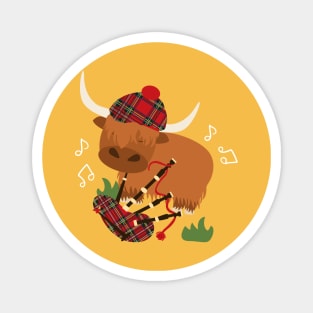 Highland Cattle Play Bagpipes - Orange Magnet